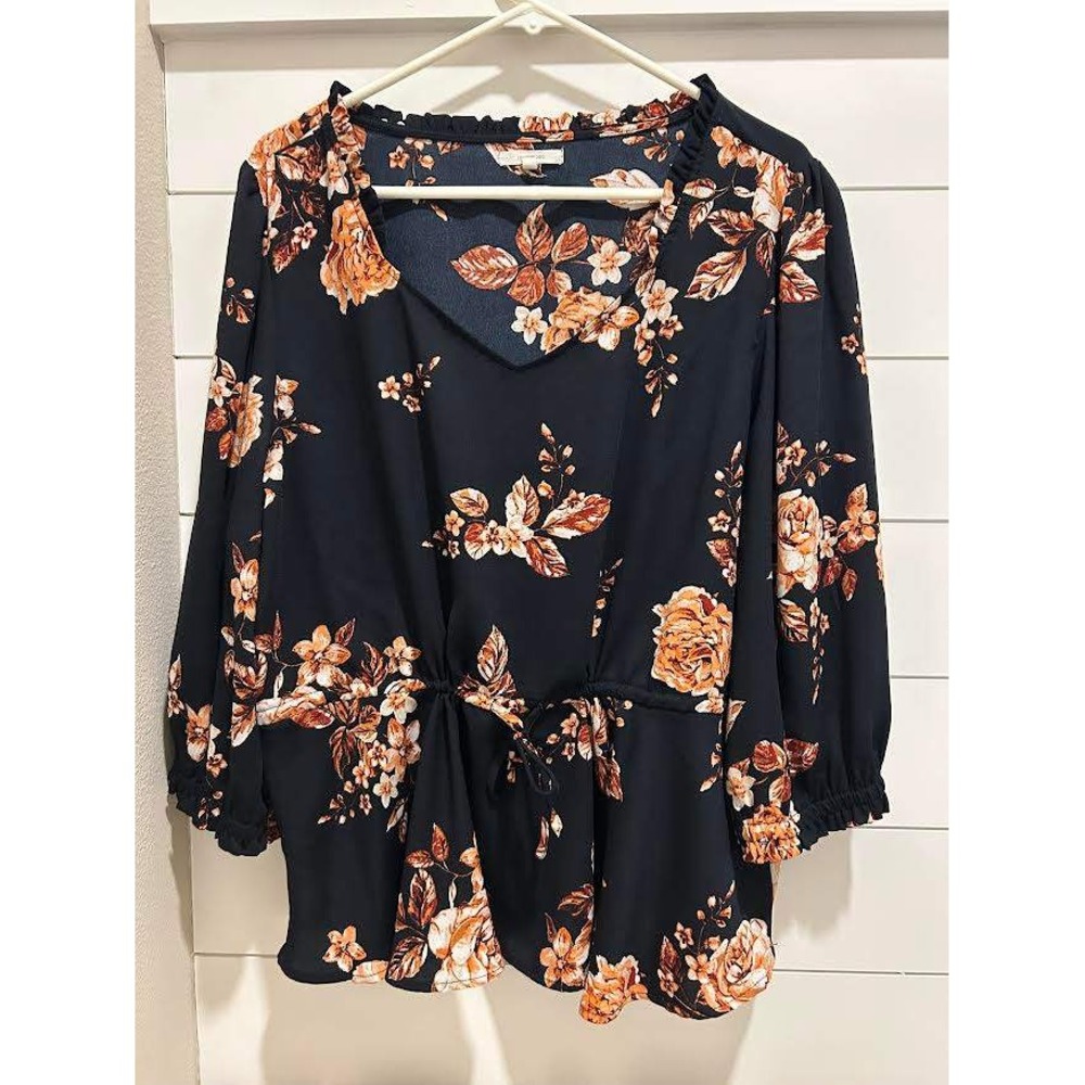 Maurices Womens XXL Navy Blue Orange Floral Peplum Blouse Ruffle V-Neck Top